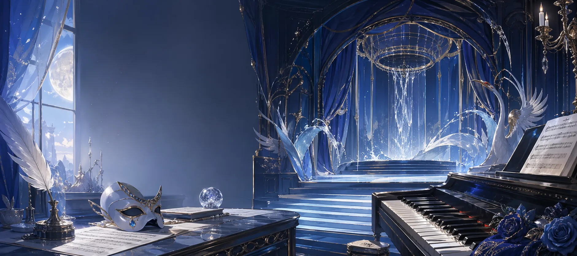 Opera-inspired desk, notes, water ribbons, piano keys and gold structural motifs